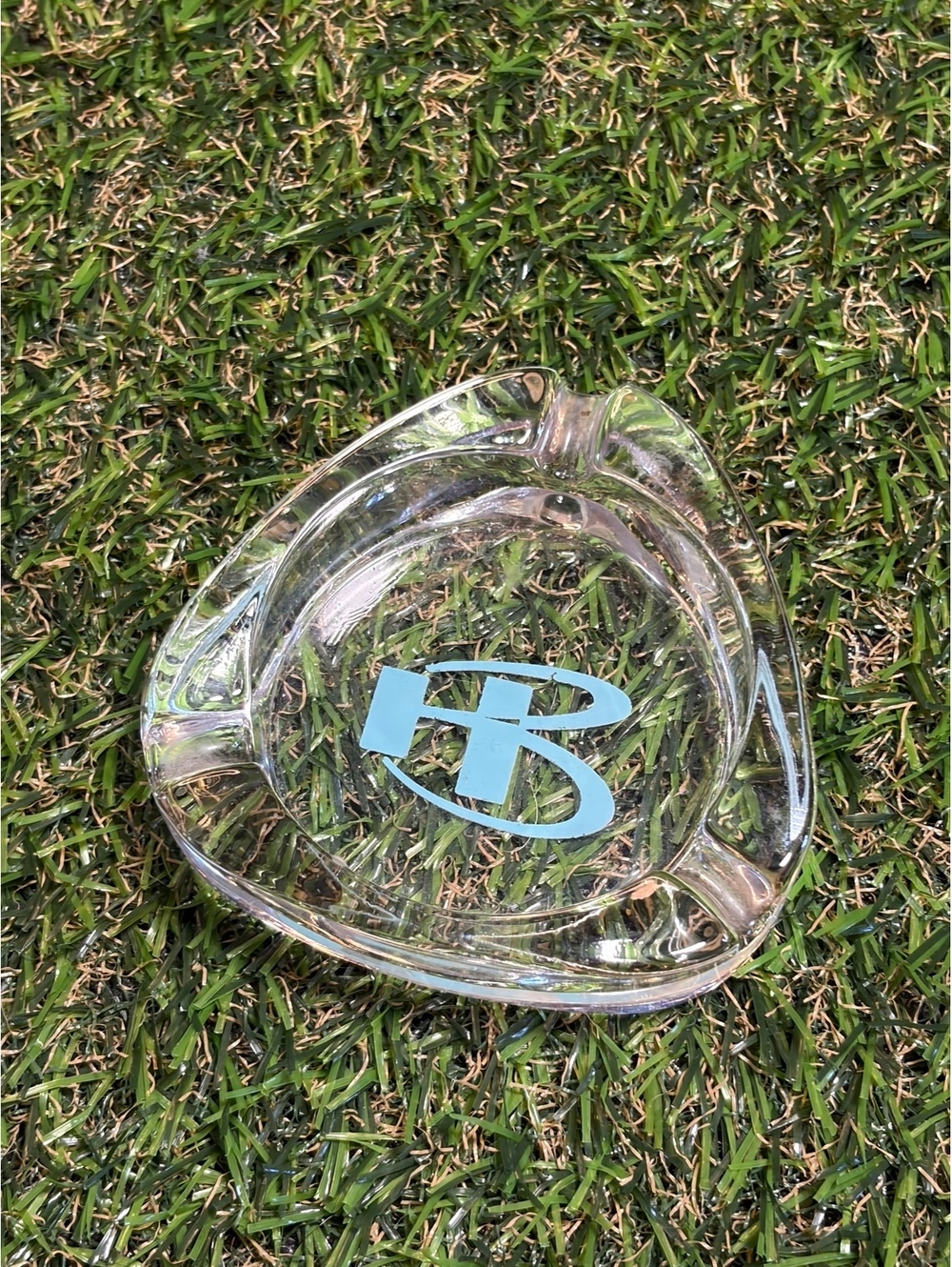 Clear Glass Ashtray with Blue Logo HB